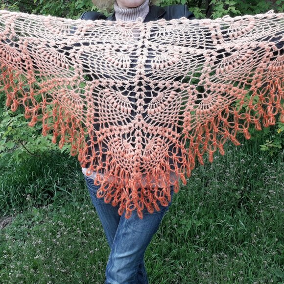 Handmade Crochet Ombre Shawl Beige Peach Wrap - Picture 2 of 3